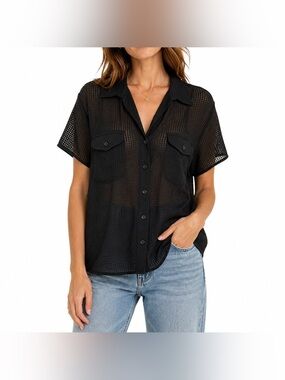Vintage Sarah Bentley Black Sheer Textured Button Front Blouse Size Large